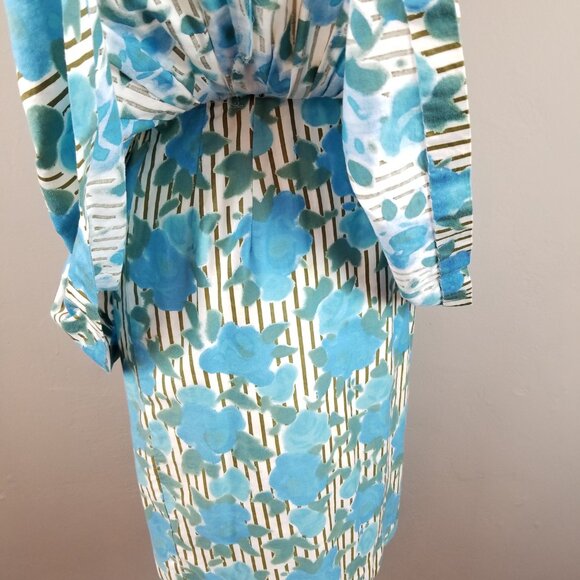 Vintage 1950's Blue Green Roses Striped Background Wiggle Dress with Peplum - Picture 10 of 12